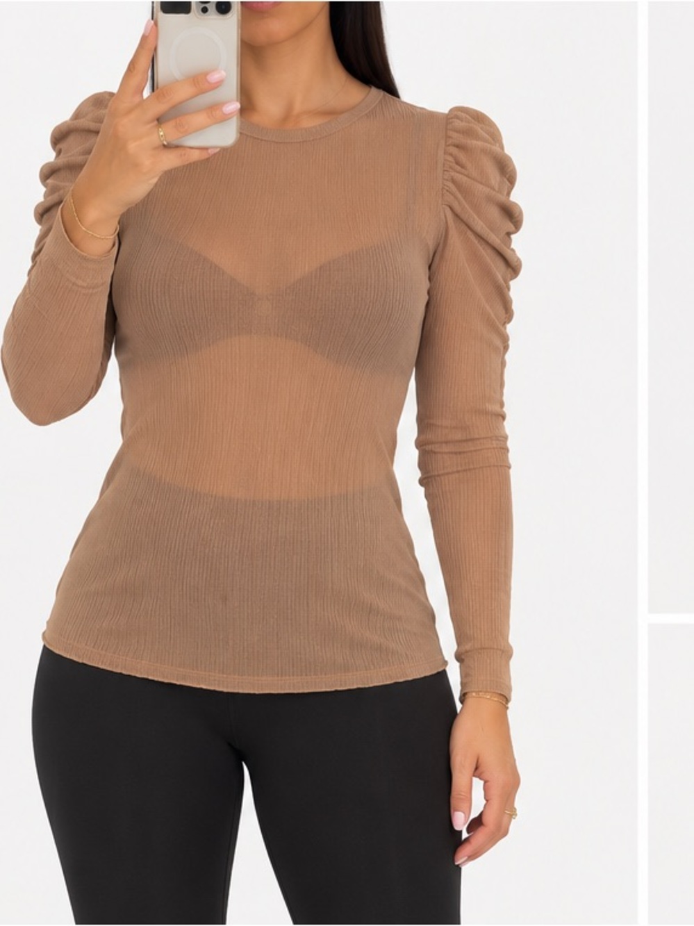 Express Tan Ribbed Puff-Sleeve Long-Sleeve Top